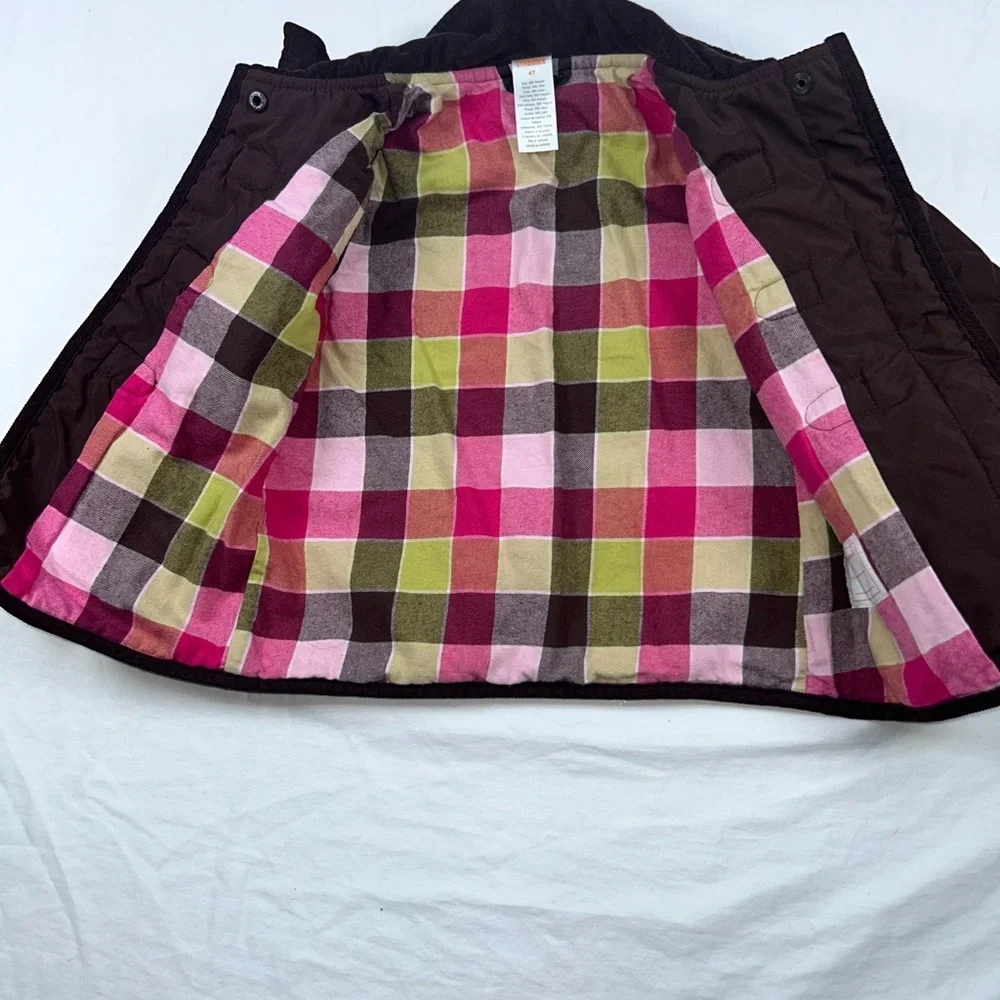 Gymboree Toddler Girls Quilted Jacket Size 4T Brown Plaid Lined Toggle Coat